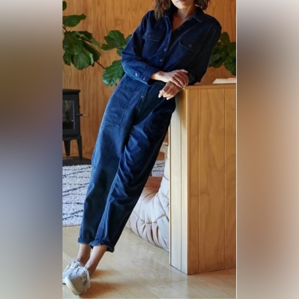 Outerknown Deep Navy Button-Front Long-Sleeve Jumpsuit